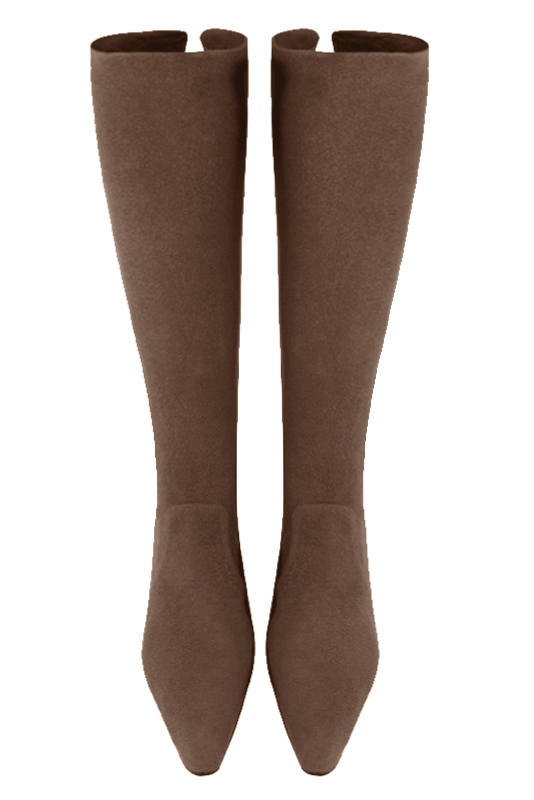 Chocolate brown women's knee-high boots, with laces at the back. Tapered toe. Low block heels. Made to measure. Top view - Florence KOOIJMAN